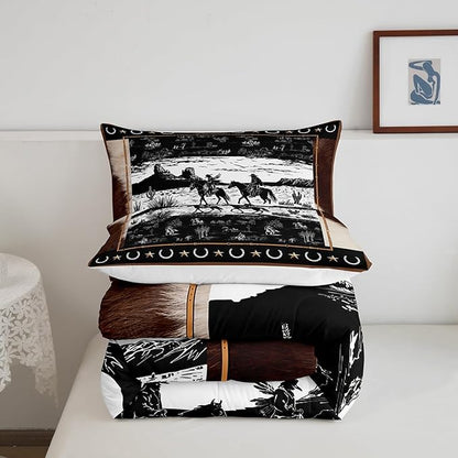 Feelyou Western Aztec Comforter Set Toddler Size Horse Cowboy Bedding Set for Boys Men Kids Teens Rustic Western Decor Country Wild West Down Comforter Black and White Duvet Set with 1 Pillowcase