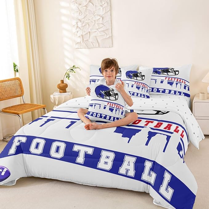Erosebridal Football 7 Pcs Comforter Set Twin Football City Bedding for Kids Blue Grey Football Fans Sheet Set Bed in A Bag Rugby Game Bedroom Decor Sports Ball Competition Bed Set