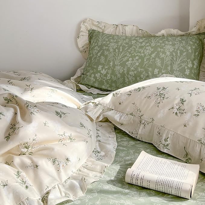 mixinni Cottagecore Floral Comforter Set Full Size - 3 Piece Soft Reversible Ruffled Lace Botanical Duvet Cover with Pillow Shams, Light Beige & Green Leaf Print, Spring Bedding Set