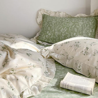 mixinni Cottagecore Floral Comforter Set Full Size - 3 Piece Soft Reversible Ruffled Lace Botanical Duvet Cover with Pillow Shams, Light Beige & Green Leaf Print, Spring Bedding Set