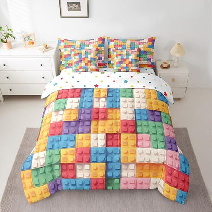 Feelyou Building Block Print 7 Piece Bedding Set Full Size Kids Brick Styles Comforter Set with Sheets for Boys Teens Colorful Gaming Bed in a Bag Green Red Yellow Blue Room Decor