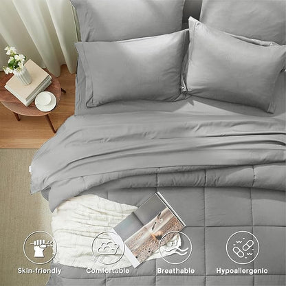 Anluoer King Comforter Set 7 Piece, Light Grey Bed in a Bag with Sheets, Comforters King Size Bedding Sets with 1 Comforter, 2 Pillow Shams, 2 Pillowcases, 1 Flat Sheet,1 Fitted Sheet