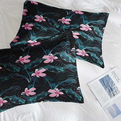 Comforter Set King Size, Summer Palm Leaf Banana 7 Pcs Bedding for Kids and Adults, Hibiscus Flower Bed Sheet Sets with Fitted Sheet 2 Pillowcases & 2 Shams for Bedroom Bed Decor