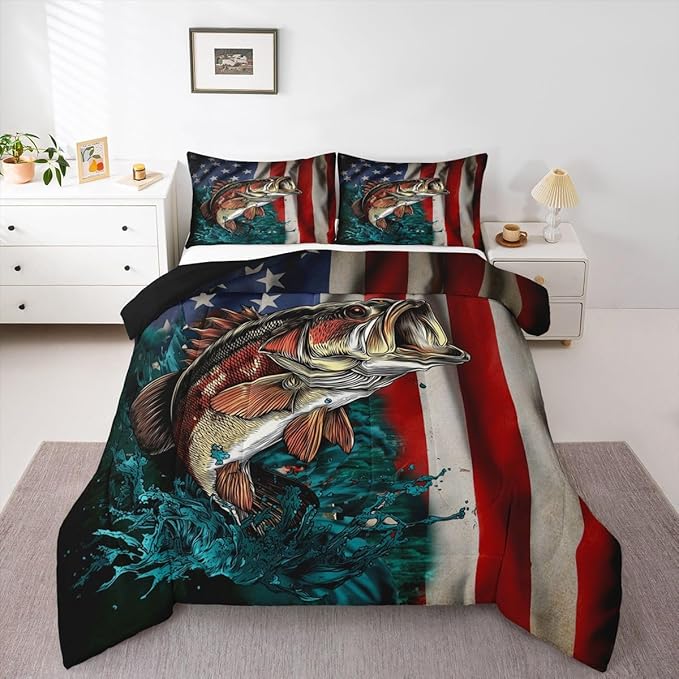 American Flag Bass Fishing Comforter Set Boys Vintage USA Flag Grunge Stripes Bedding Set Big Pike Fish Hunting and Fishing Farmhouse Decor Duvet Insert Fishing Lover Hunting Quilt King Size