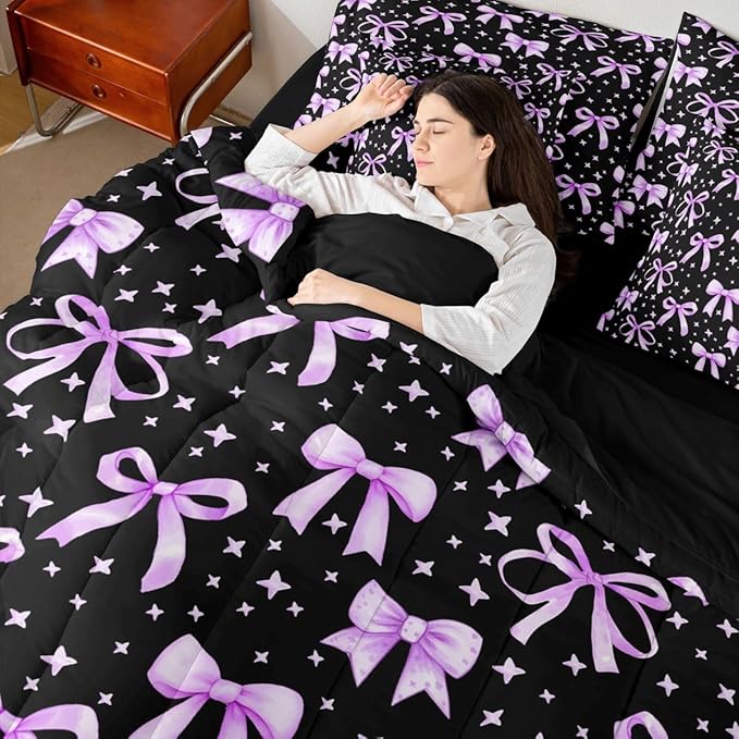 Erosebridal Kawaii Black Purple Cute Girls Bowknot Comforter Set Queen Size 7 Pieces | Princess Bed in A Bag Dreamy Y2K Bed Set Bow Kids Bedding