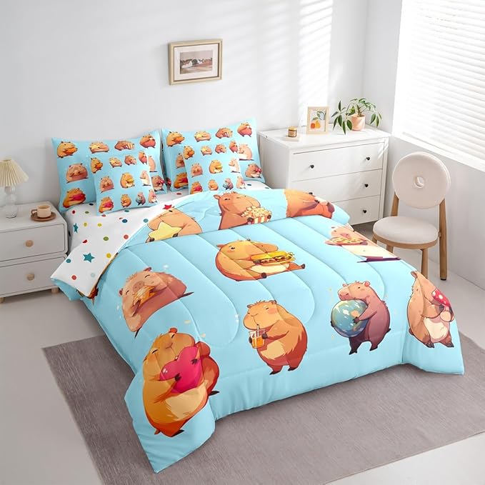 Erosebridal Funny Capybaras 7 Pieces Bedding Set Full,Capybara Lover Bed in a Bag,Cartoon Rodents Bed Set Includes Comforter,Sheet Set,Pillowcases & Pillow Covers,Blue Khaki Capybara Bedroom Decor