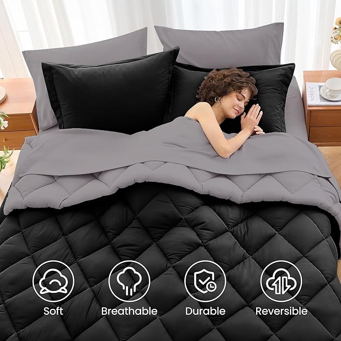MUXHOMO 7 Pieces King Comforter Set, Reversible Bed in a Bag King Size, All Season Bedding Set with Comforter, Flat Sheet, Fitted Sheet, Pillowcases & Shams, Black & Soot