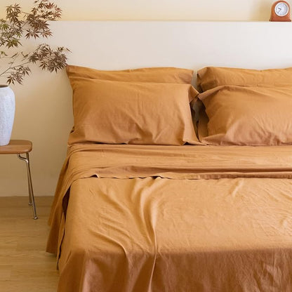 Simple&Opulence Belgian Linen Sheet Set Solid Color - 6 Pieces (1 Flat Sheet & 1 Fitted Sheet & 4 Pillowcases) 16" Deep Pocket Natural Flax Cotton Blended Soft Bedding - Rust, King Size