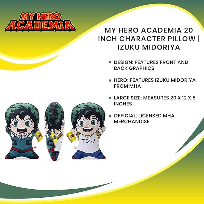 Official My Hero Academia Character Pillow For Adults- 20-Inch Izuku Midoriya Doll Body Replica - Gift for Friends, Family, and Fans - Bed, Couch, Room- Soft Throw Cushion - Licensed Merchandise