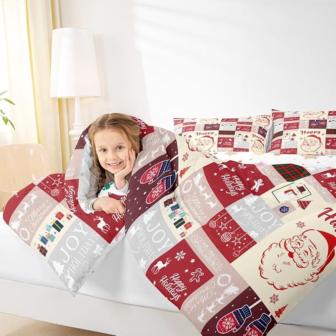 Christmas Santa Claus Comforter Set,Cute Red Geometric Grid Patchwork Bedding Set Kids Girls Boys Room Decor,Cartoon Xmas Deer Snowflake Bells Quilt Set Happy New Year Duvet Insert King Size