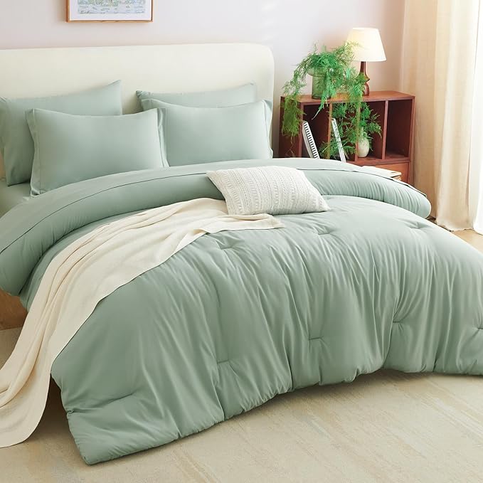 CozyLux King Comforter Set Sage Green, 7 Pieces Bed in a Bag, Bedding Comforter Set with Sheets, All Season Boho 7PC Bed Sets with Comforter, Fitted Sheets, Flat Sheets, Pillow Shams and Pillowcases