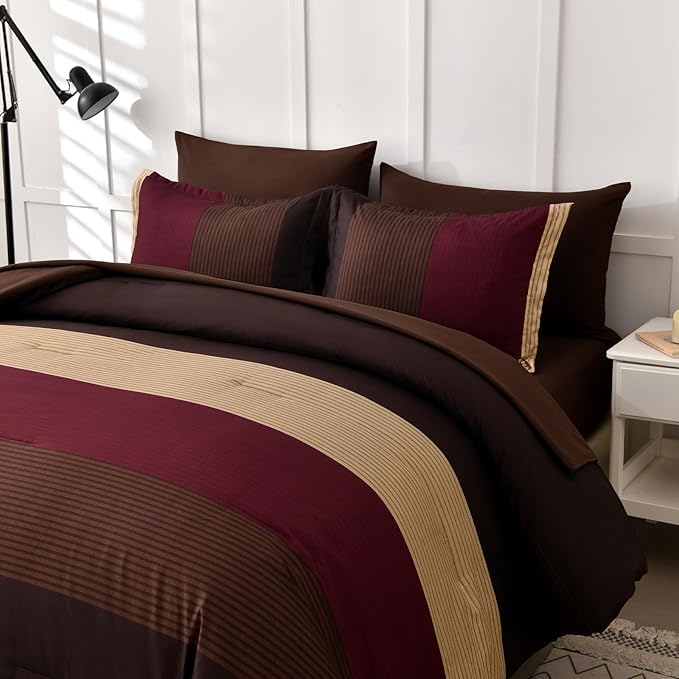 Anibedding Red and Brown Comforter Set Queen Size, Boho Burgundy Striped Bedding Comforter Set 7 Piece Bed in a Bag, Soft Microfiber Down Alternative Farmhouse Bedding Set for All Season(90"x90")