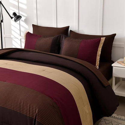 Anibedding Red and Brown Comforter Set Queen Size, Boho Burgundy Striped Bedding Comforter Set 7 Piece Bed in a Bag, Soft Microfiber Down Alternative Farmhouse Bedding Set for All Season(90"x90")
