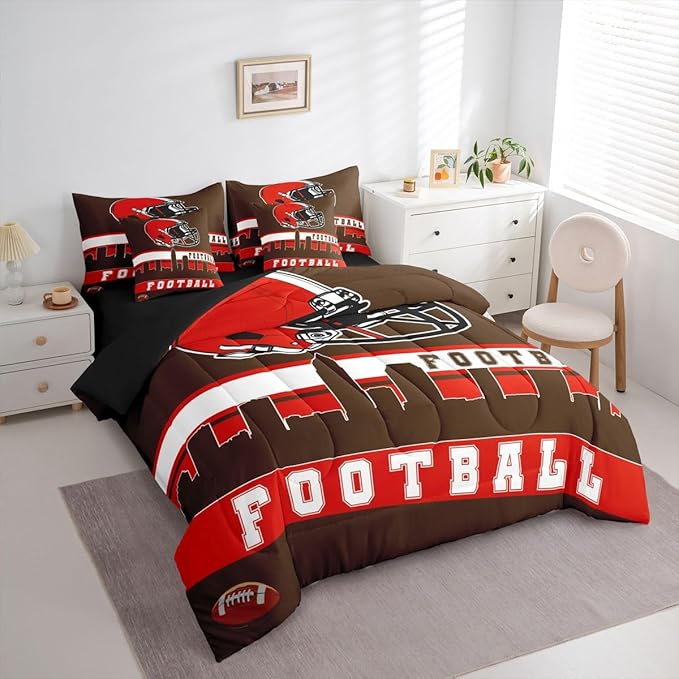 Erosebridal Football City 7 Pcs Comforter Set King Football Bedding for Boys Girls Brown Red Rugby Game Sheet Set Bed in A Bag Football Fans Bedroom Decor Sports Ball Team Quilt