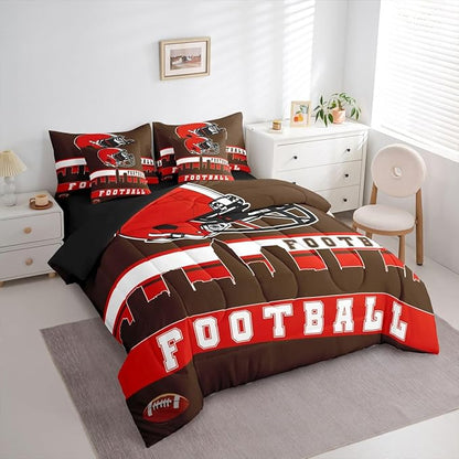 Erosebridal Football City 7 Pcs Comforter Set Queen Football Bedding for Boys Girls Brown Red Rugby Game Sheet Set Bed in A Bag Football Fans Bedroom Decor Sports Ball Team Quilt