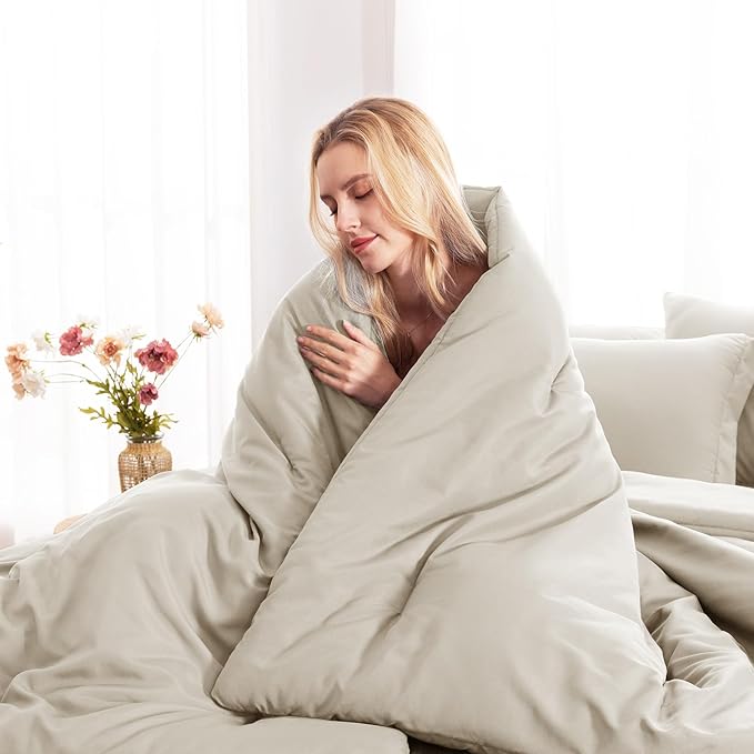 CozyLux Oversized King Comforter Set Beige, 7 Pieces Bed in a Bag Comforter Set with Sheets, Soft Bedding Sets with Down Alternative Comforter, Fitted Sheet, Flat Sheet, Pillow Shams and Pillowcases
