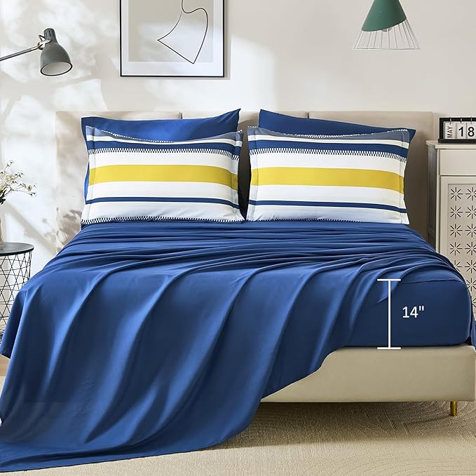WONGS BEDDING Blue Comforter Queen Size Set, 7 Pieces Bed in a Bag Blue and Yellow Comforter Set, Soft Boho Striped Bedding Sets with Sheets, Pillowcases & Shams