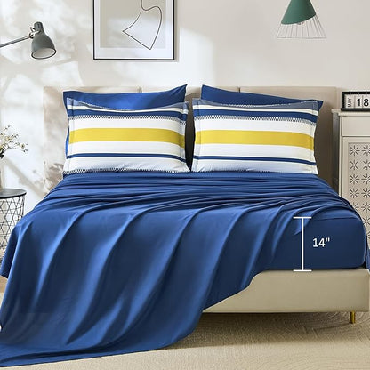 WONGS BEDDING Blue Comforter King Size Set, 7 Pieces Bed in a Bag Blue and Yellow Comforter Set, Soft Boho Striped Bedding Sets with Sheets, Pillowcases & Shams