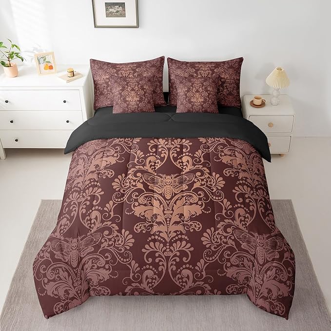 Erosebridal Gothic Damask Comforter Set 7 Piece Bed in a Bag Twin,Exotic Moth Bedding Sets Brown Victorian Floral Goth Sheet Set with Comforter