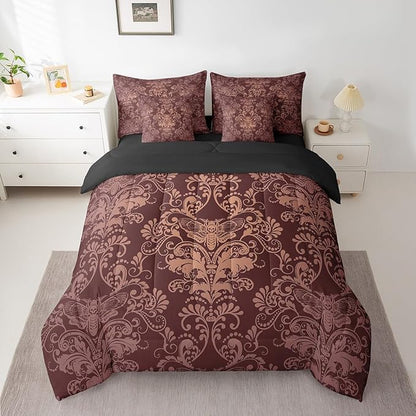 Erosebridal Gothic Damask Comforter Set 7 Piece Bed in a Bag Twin,Exotic Moth Bedding Sets Brown Victorian Floral Goth Sheet Set with Comforter