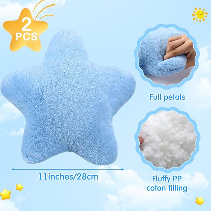 2 Pcs 11 Inch Star Pillow Decorative Star Shaped Throw Pillow Gift Cute Aesthetic Soft Plush Floor Cushions Room Decor for Bedroom Living Room Sofa Bed(Blue)