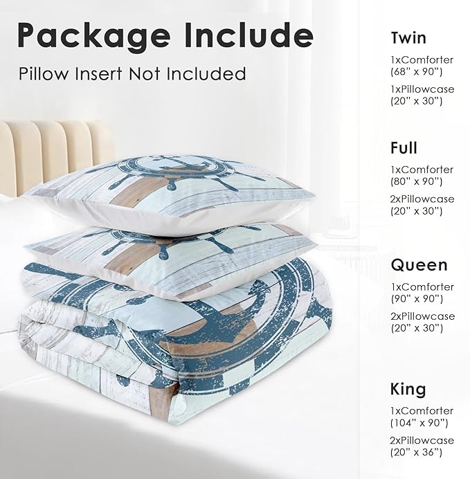 Comforter Set Queen Size, Vintage Wheel Anchor 3 Pcs Soft Bedding Set for Kids and Adults, Retro Blue Sea Woodboard Comforter Set with 2 Pillowcases, for Bedroom Bed Decor