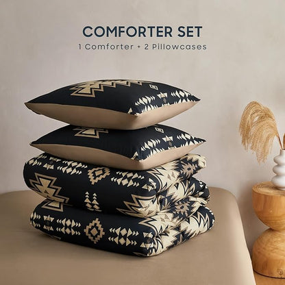 Wake In Cloud - Western Comforter Set, Boho Southwestern Rustic Farmhouse Style with Aztec Geometric Block Pattern, Soft Lightweight Bedding, 3 Pieces, Tan Black, King Size