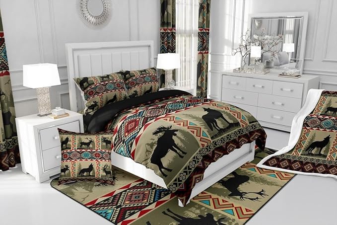 Western Bedding Sets Full for Boys,Wolf Comforter Set Moose Elk Deer Quilt Exotic Tribal Southwestern Native Geometric Aztec Duvet Insert,Vintage Woodland Wild Animal Room Decor