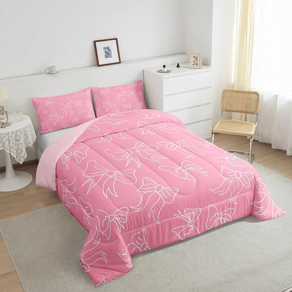 Feelyou Cute Bowknot Bedding Set Boys Girls King Size Pink Girls Bow Comforter Set Ultra Soft Bow and Stripes Comforter Kawaii Duvet Set