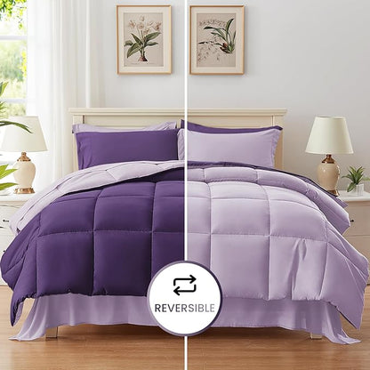 Anluoer King Comforter Set,Dark Purple&Light Purple Bed in a Bag 7 Piece,Lightweight Bedding Set with Down Alternative Fill,Bed Set Includes Comforter, Fitted Sheet, Flat Sheet,Pillowcases and Shams