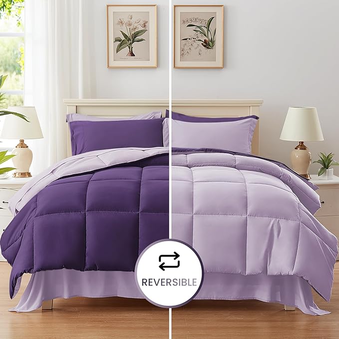 Anluoer Queen Comforter Set,Dark Purple&Light Purple Bed in a Bag 7 Piece,Lightweight Bedding Set with Down Alternative Fill,Bed Set Includes Comforter, Fitted Sheet, Flat Sheet,Pillowcases and Shams