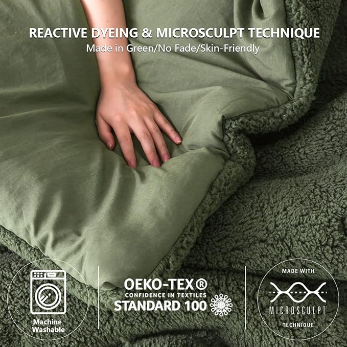 COTTEBED King Comforter Set - Soft Sherpa Down Alternative with Pillowshams, Washable (Olive Green)