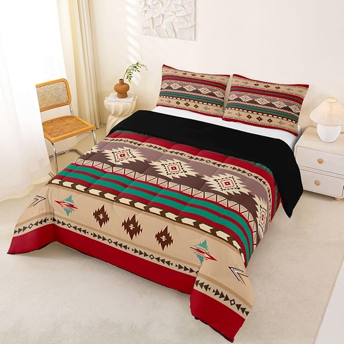 Erosebridal Western Quilt Vintage Geometric Bedding Set,Boho Western Comforter Set Full Duvet Insert,Rustic Home Decor Rustic Farmhouse Bedroom,Aztec Bedding Full Native American Decor Red Brown