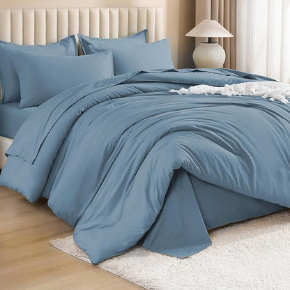 Litanika Comforter California King Size Set Grayish Blue - 7 Pieces Bed in a Bag California King Bedding Comforter Sets, Plain Lightweight Bed Set with Comforter, Sheets, Pillowcases & Shams