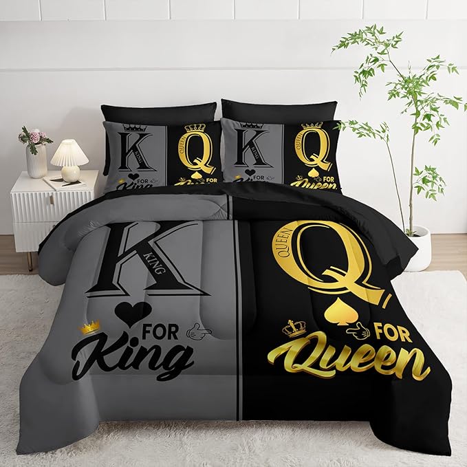 King and Queen Crown Comforter Set Black and Gray Couple Bedding Set，7Pcs Mr Mrs Comforter Set for Adults Couple Men Women,Light Bedding Set 7 Piece in A Bag, Bed Sheet Set Decor QUEEN All Seasons