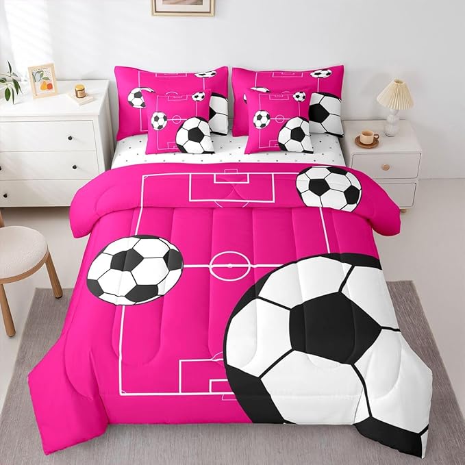Erosebridal Sports Theme 7 Piece Bedding Set Twin Football Comforter Set with Sheets Boys Football Court Pink White Bed in a Bag Playground Soccer Ball Pattern for Kids Boys Girls