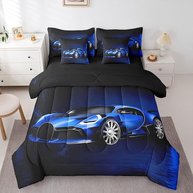 Feelyou Sports Car 7 Piece Bedding Set Blue Race Car Comforter Set with Sheets for Kids Boys Girls Extreme Sports Theme Bed in a Bag Cool Speed Luxury Car Decor Bed Set with 2 Pillowcases Full
