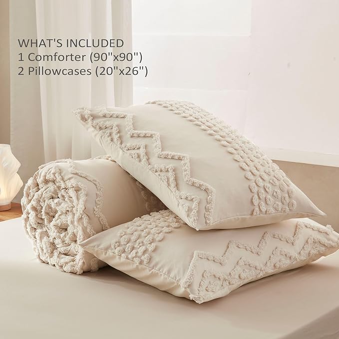 Luxudecor Beige Tufted Comforter Set Queen Size 3 Pieces Boho Shabby Chic Comforter Farmhouse Embroidery Bedding Set Soft Comforter for All Seasons (Beige, 90''x90'')