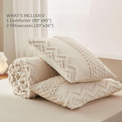 Luxudecor Beige Tufted Comforter Set Queen Size 3 Pieces Boho Shabby Chic Comforter Farmhouse Embroidery Bedding Set Soft Comforter for All Seasons (Beige, 90''x90'')