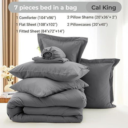 MUXHOMO 7 Pieces California King Comforter Set, Soft Bed in a Bag Cal King Size, All Season Bedding Set with Comforter, Flat Sheet, Fitted Sheet, Pillowcases & Shams, Dark Grey