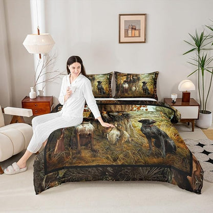 Erosebridal Pheasant Hunting Comforter Set Queen Size Black Dog Bedding Set Boho Farmhouse Wild Animals Down Comforter Woodland Leaves Hunter Gun Room Decor Quilt Set for Men Boys Adults Kid