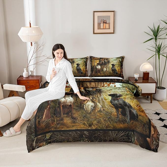Erosebridal Pheasant Hunting Comforter Set Twin Size Black Dog Bedding Set Boho Farmhouse Wild Animals Down Comforter Woodland Leaves Hunter Gun Room Decor Quilt Set for Men Boys Adults Kid
