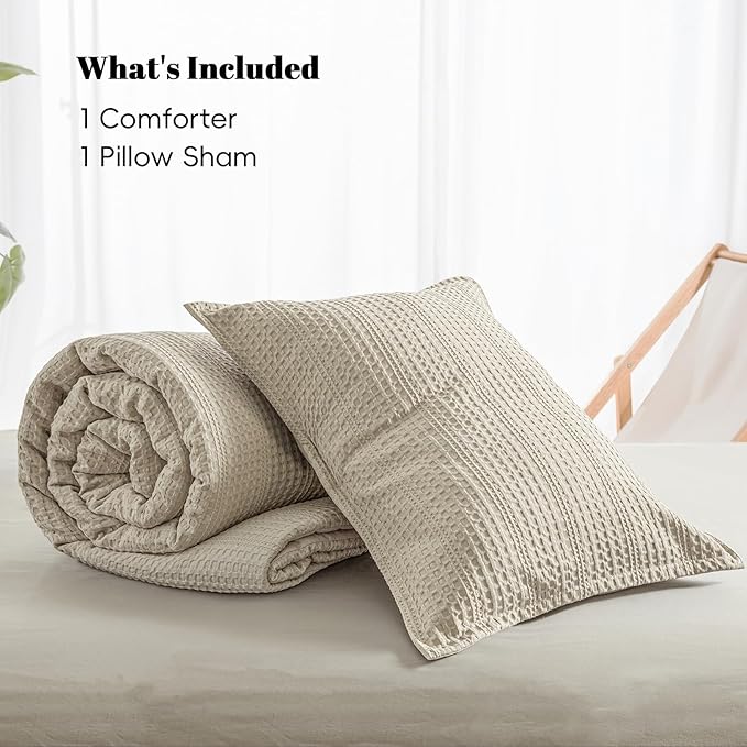 PHF Soft Waffle Comforter Set Twin Size- Comfy Breathable Waffle Weave Comforter with 1 Pillow Shams, 2 Pieces Less Snagging Lightweight Textured Bedding Set for All Season, Natural/Linen