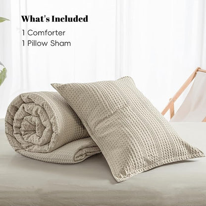 PHF Soft Waffle Comforter Set Twin Size- Comfy Breathable Waffle Weave Comforter with 1 Pillow Shams, 2 Pieces Less Snagging Lightweight Textured Bedding Set for All Season, Natural/Linen