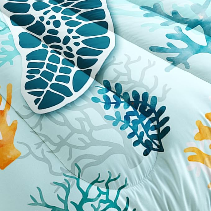 HOSIMA Sea Turtle Comforter Set,Coastal Beach Themed Bedroom Comforter Set Queen Size for Kids Teen Girls Boys Room Decor,Turtle Twin Bed in a Bag for Girls with 2 Pillowcases.