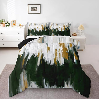 Erosebridal Green Emerald Comforter King Oil Painting Stripe Bedding Set, Brush Marks Contemporary Ombre Down Comforter Watercolor Graffiti Bed Set, Aesthetic Modern Quilted Duvet