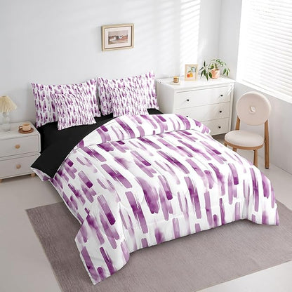 Erosebridal 7Pcs Purple Pink Striped Comforter Set Queen for Women Men,Modern Geometric Abstract Bedding,Gradient Art Aesthetic Bed in A Bag,Contemporary Boho Graffiti Quilt Set with Pillowcases