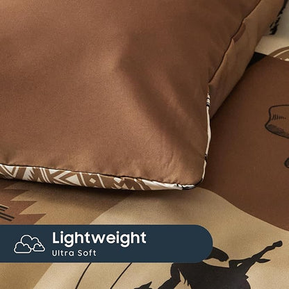 Wake In Cloud - Western Comforter Set, Southwestern Aztec Country Horse Cowboy Rustic Ranch Pattern Printed, Soft Lightweight Bedding, 3 Pieces, Tan Brown, Full Size