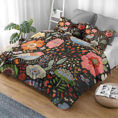 Comforter Set Twin Size, Retro Floral Bird Soft 2 Pcs Bedding for Kids and Adults, Vintage Chinese Flower Comforter Set with Pillowcase, for Bedroom Bed Decor