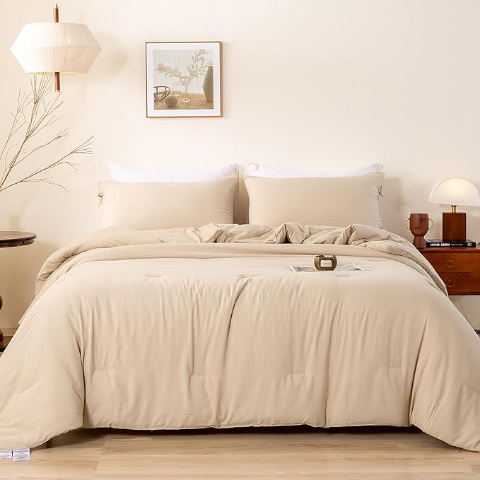 Ultra-Soft Bed Comforter King Set, Comfy Cozy Washed Polycotton, Comfort Fluffy Bedding Blanket Down Alternative Comforter Set with Pillowcase - Lightweight but Warm All Season, Khaki Beige
